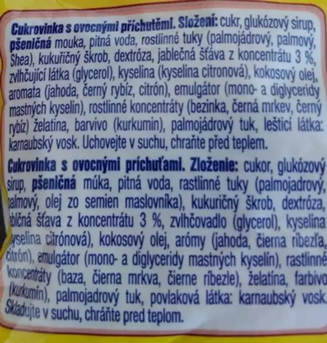 Bonbon JOJO ingredients label
