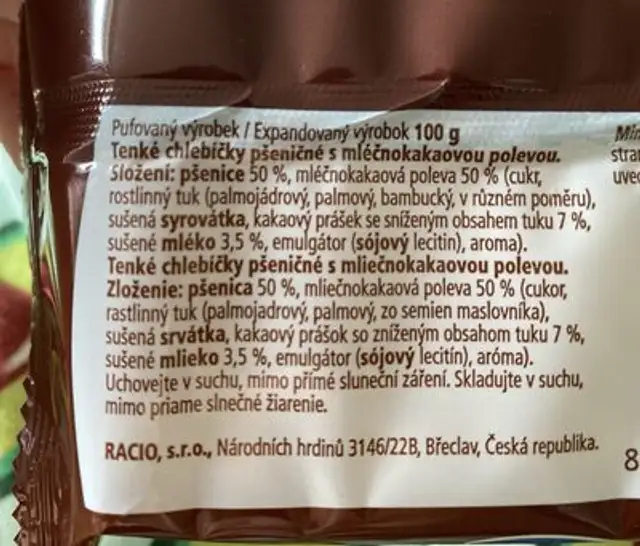 Polomáčené pšeničné chlebíčky ingredients label