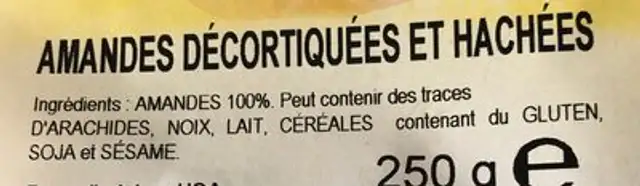 Amandes Décortiquées et hachées ingredients label