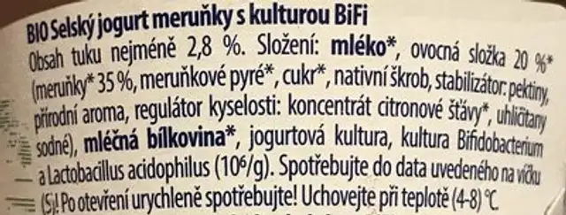 BIO selský jogurt meruňka ingredients label