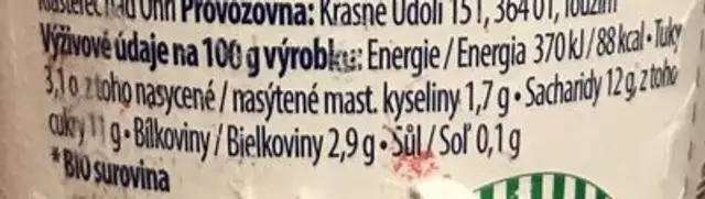BIO selský jogurt meruňka nutrition facts table