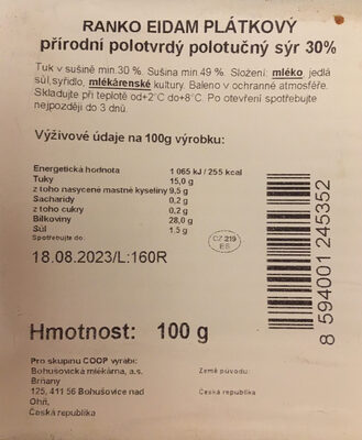 Sýr eidamský plátkovaný 30% ingredients label