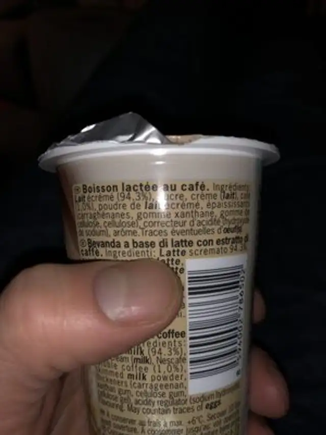 Nescafe Shakissimo , Light Skinny Latte ingredients label
