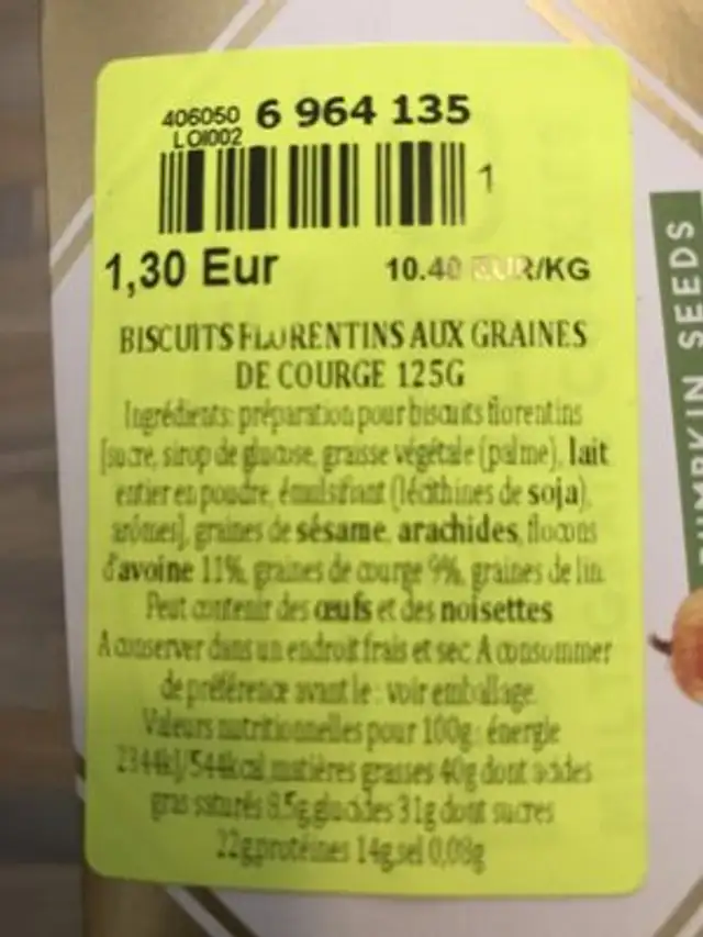 Mokate Florentines ingredients label