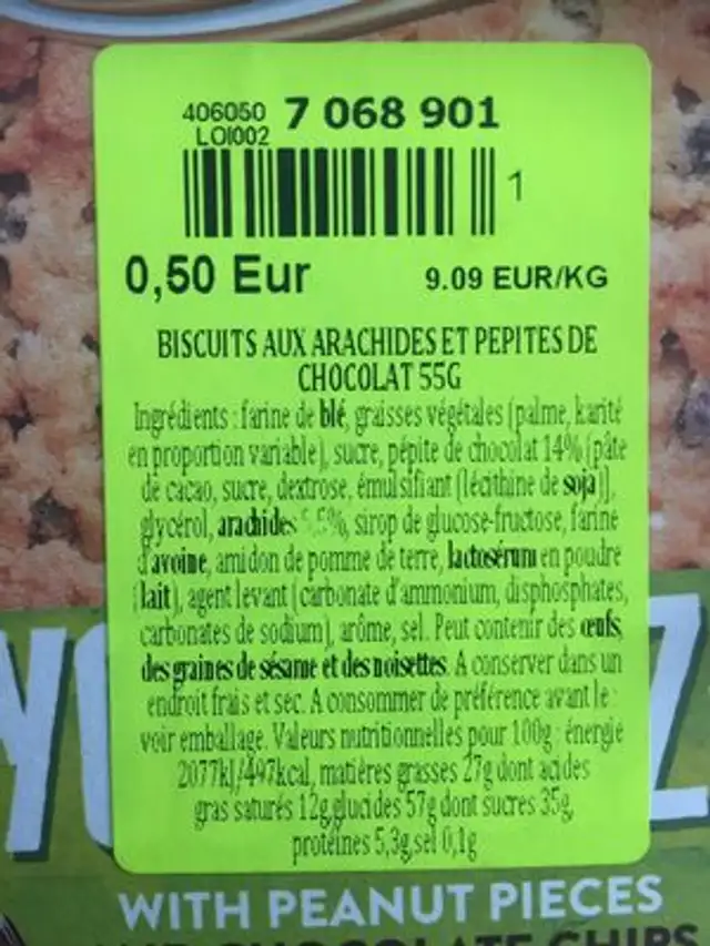 Biscuit au arachides et pepites de chocolat 55g ingredients label