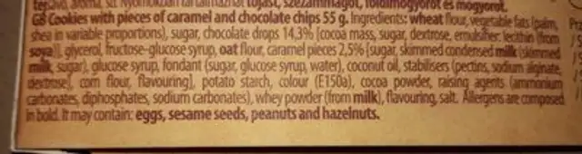 Cookie ingredients label