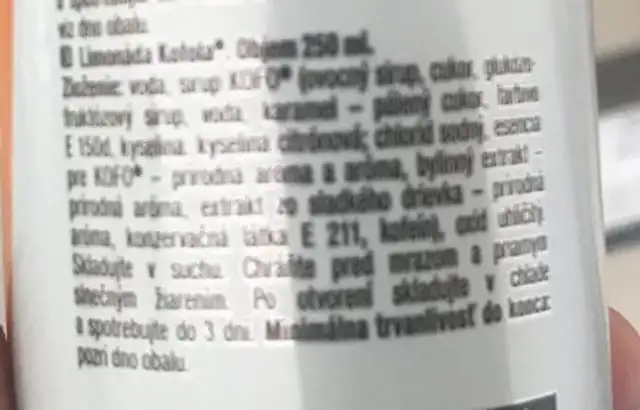 Kofola original ingredients label