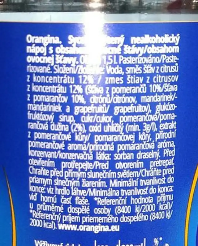 Orangina 1,5L Orange Soft Drink ingredients label