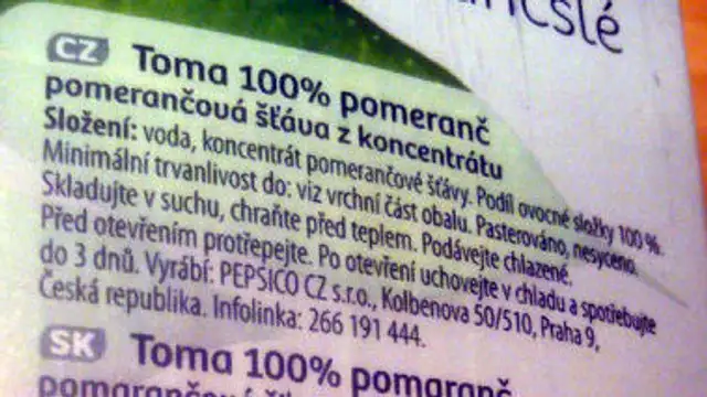 Toma 100% pomeranč ingredients label