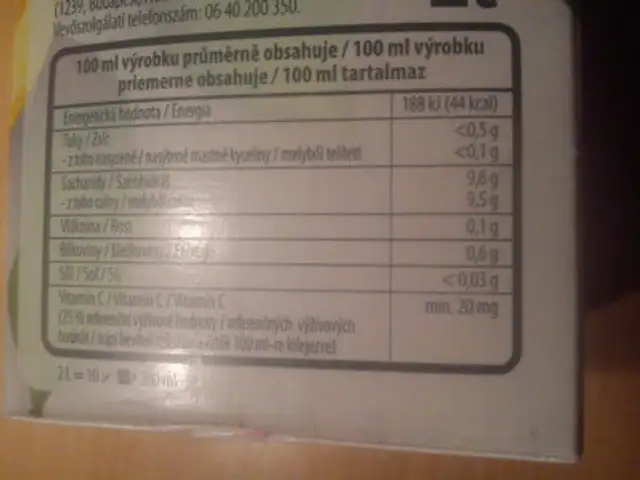 Toma 100% pomeranč nutrition facts table