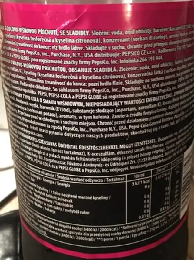 Pepsi wild cherry ingredients label