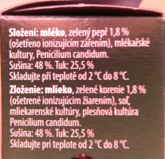 Hermelín Zelený pepř ingredients label
