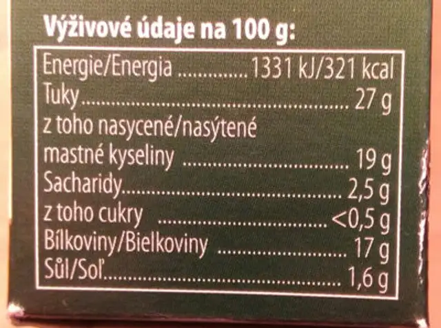 Hermelín Zelený pepř nutrition facts table