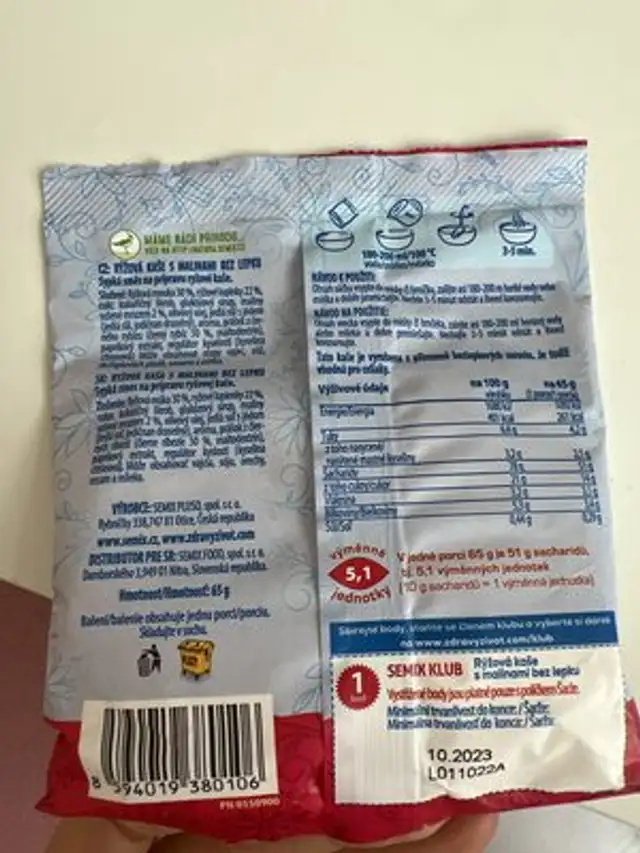Rýžová kaše malinová ingredients label