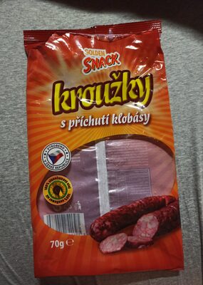 Kroužky s příchutí klobásy front packaging