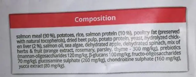 Salmon & potato ingredients label