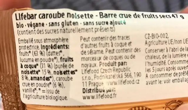 Lifebar Caroube Noisette ingredients label