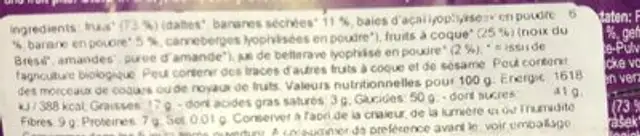 Barre Crue Acai Banane ingredients label