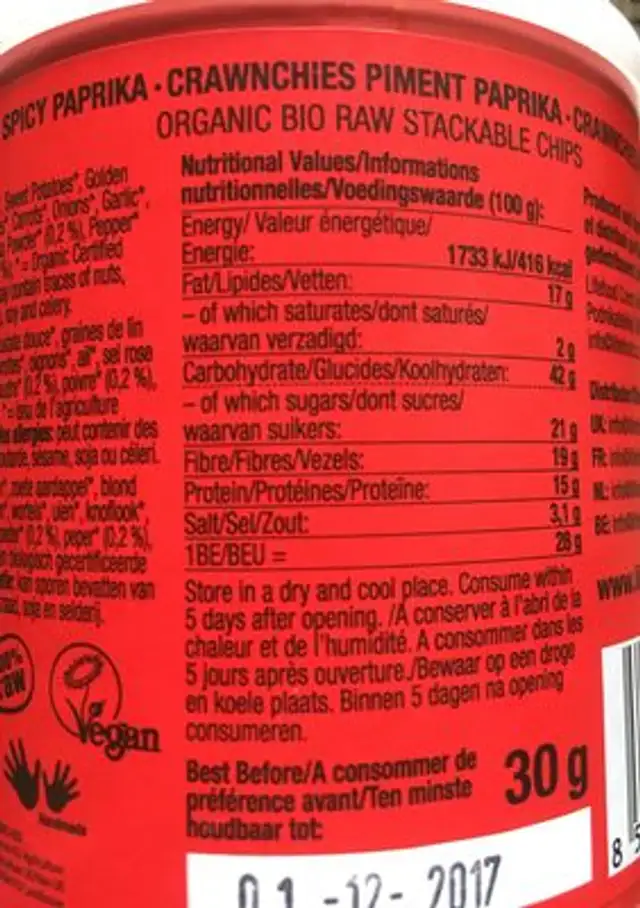 Crawnchies Spicy Paprika ingredients label