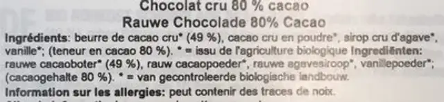 Chocolat Cru Noix De Cajou (70 GR) ingredients label