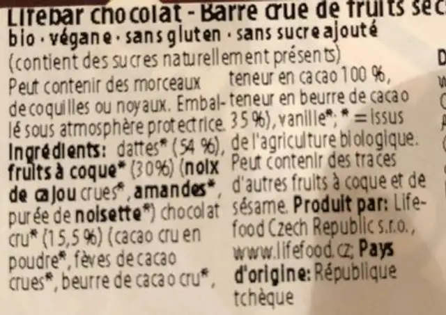 Lifebar Chocolat Boîte ingredients label