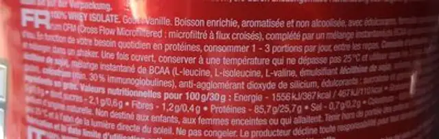 Whey Isolate Vanille ingredients label