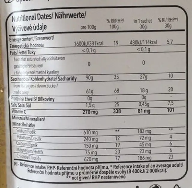 Energy drink citron nutrition facts table