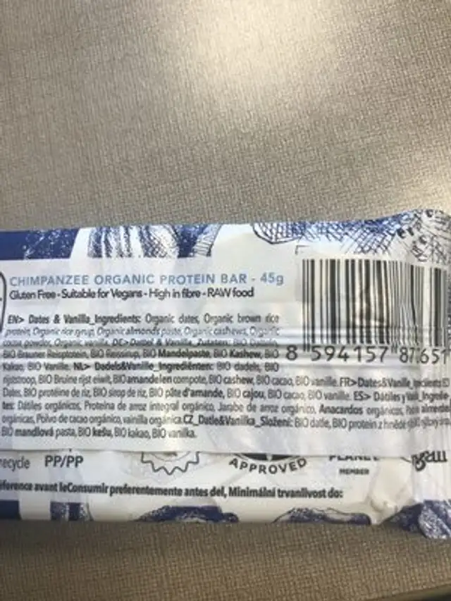 Gluten free dates vanilla protein bar ingredients label
