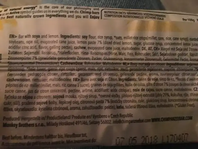 Energy Bar Lemon ingredients label