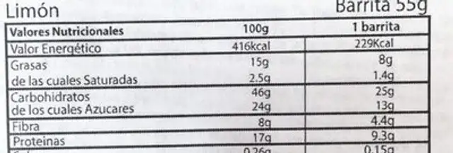 Energy Bar Lemon nutrition facts table
