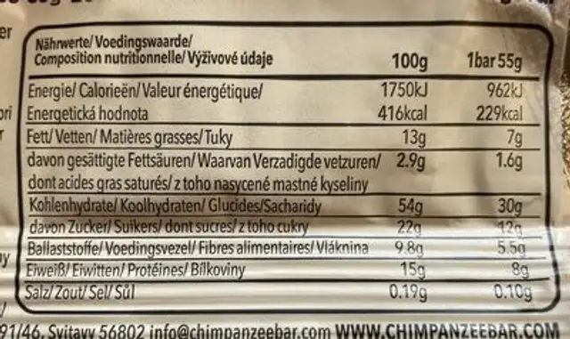 Barre chocolat expresso nutrition facts table