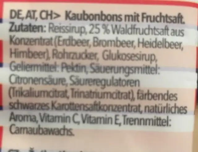 Energy chews ingredients label