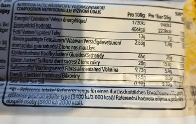 Energy Bar nutrition facts table
