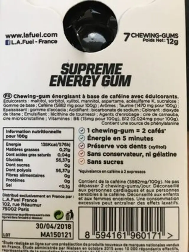 L. a. fuel Supreme Energy Gum Chewing-gum énergisant ingredients label