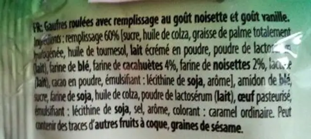 Rolls vanille noisettes ingredients label