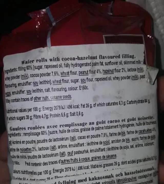 Wafer roll ingredients label