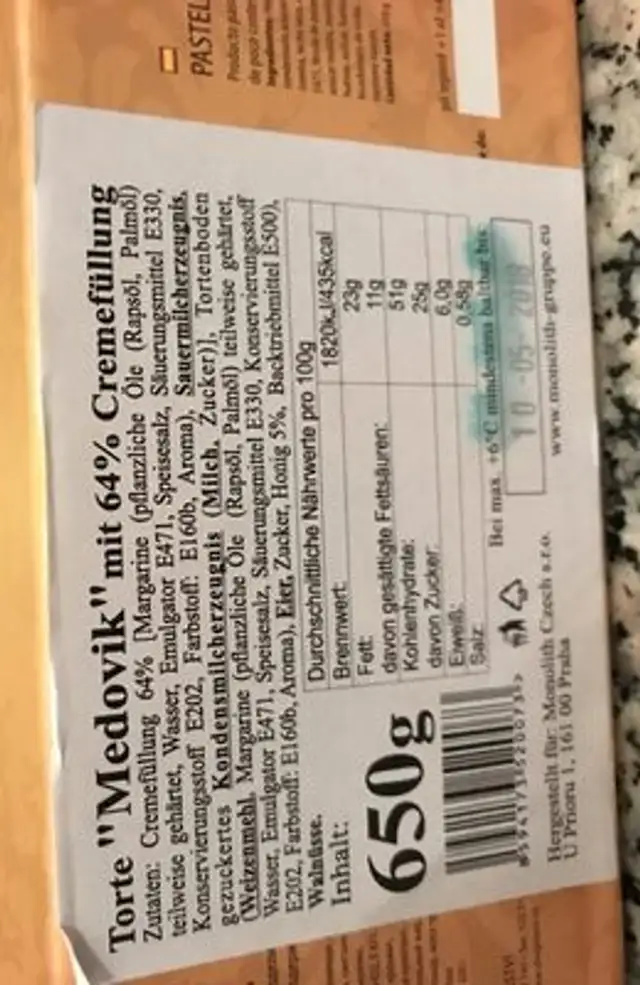 Medovec ingredients label