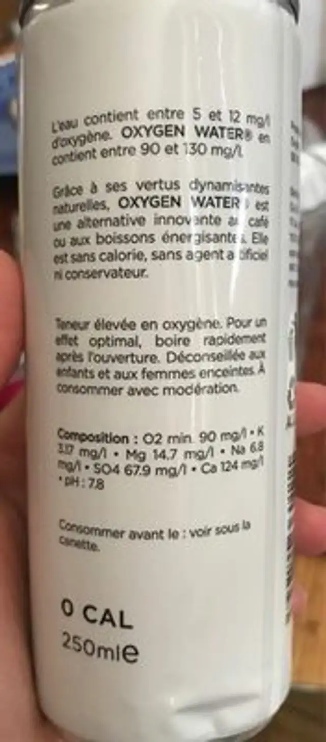 Oxygen water ingredients label
