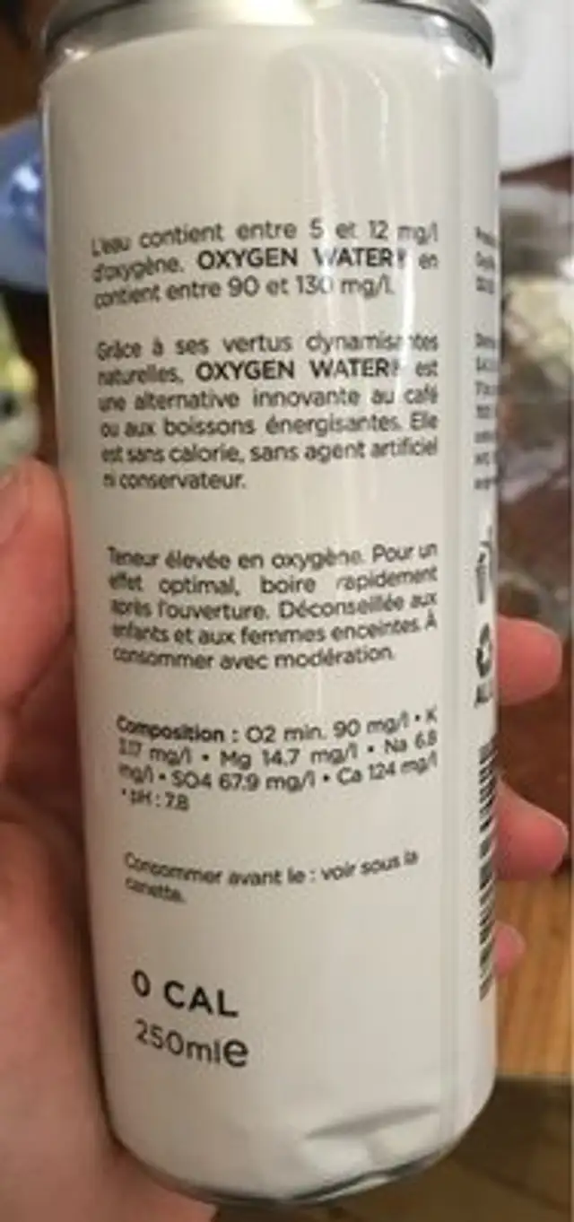Oxygen water nutrition facts table