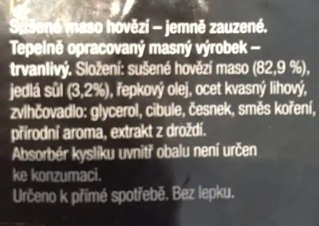 Beef jerky ( boeuf séché ) ingredients label