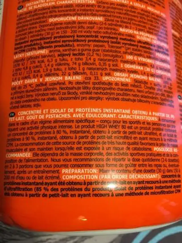 Whey high 80 ingredients label