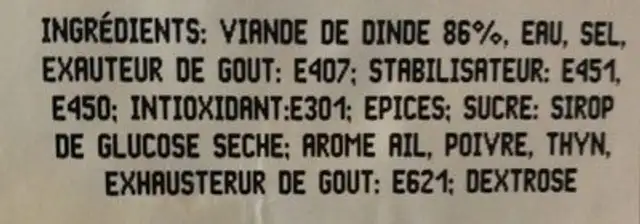 Boucané de volaille ingredients label