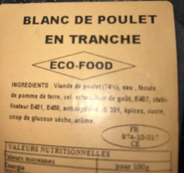 Blanc de poulet ingredients label