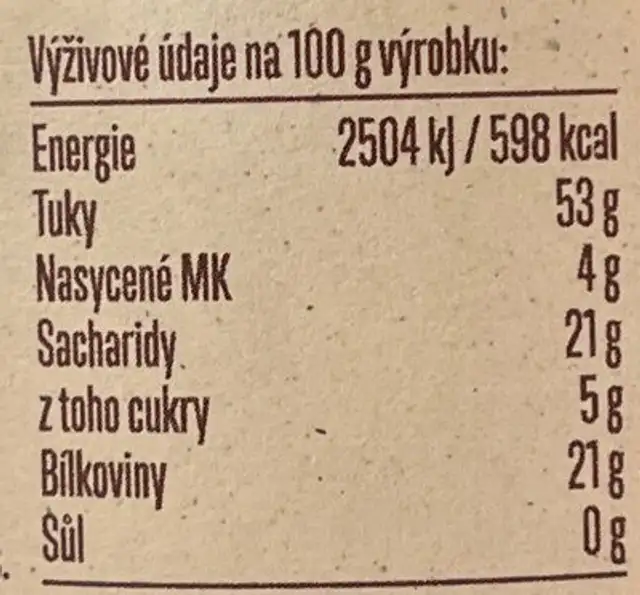 Mandlové máslo nutrition facts table
