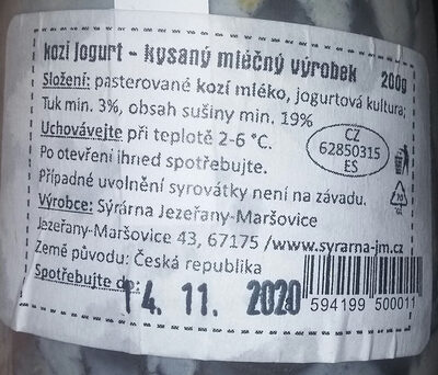 kozí jogurt ingredients label
