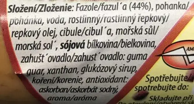 Fazolová svačinka ingredients label
