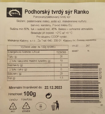 Sýr podhorský plátkovaný 45% ingredients label