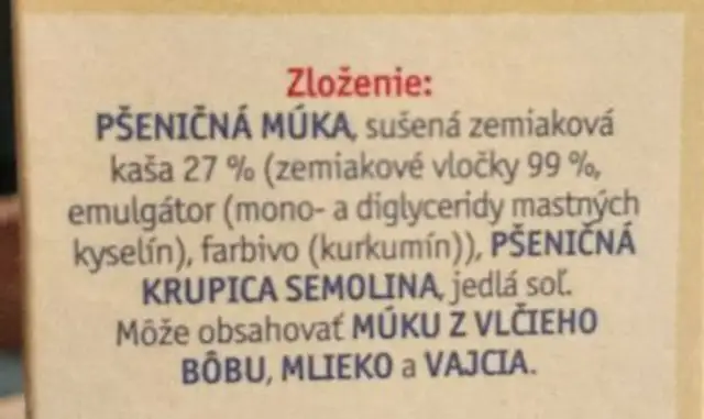 Zemiakove cesto ingredients label