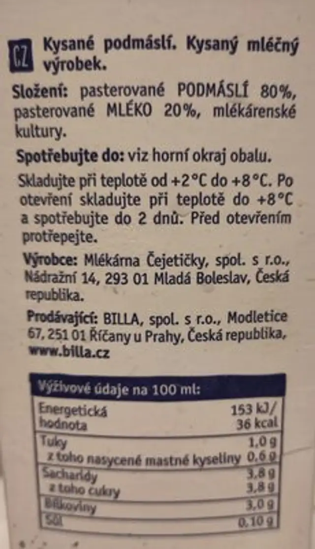 kysané podmáslí ingredients label