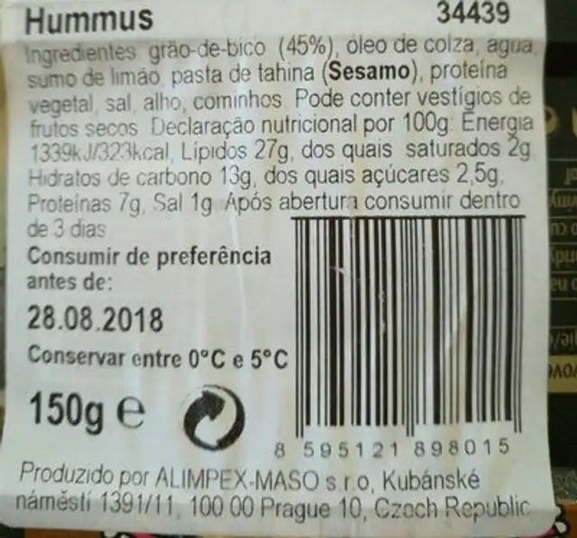 Hummus ingredients label